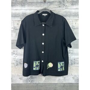 Focus Women's VTG Large Short Sleeve Black Button Up Blouse